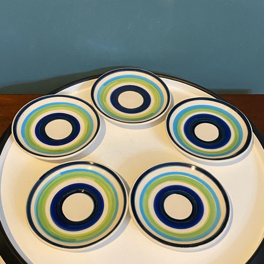 Lot Of 5 GAIL PITTMAN SIGNED Gap28 SAUCER PLATE 4.75" Blue & Lime Green 2004